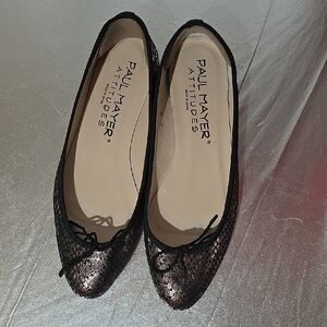 Paul Mayer Metallic Black Snake-Print Ballet Flats